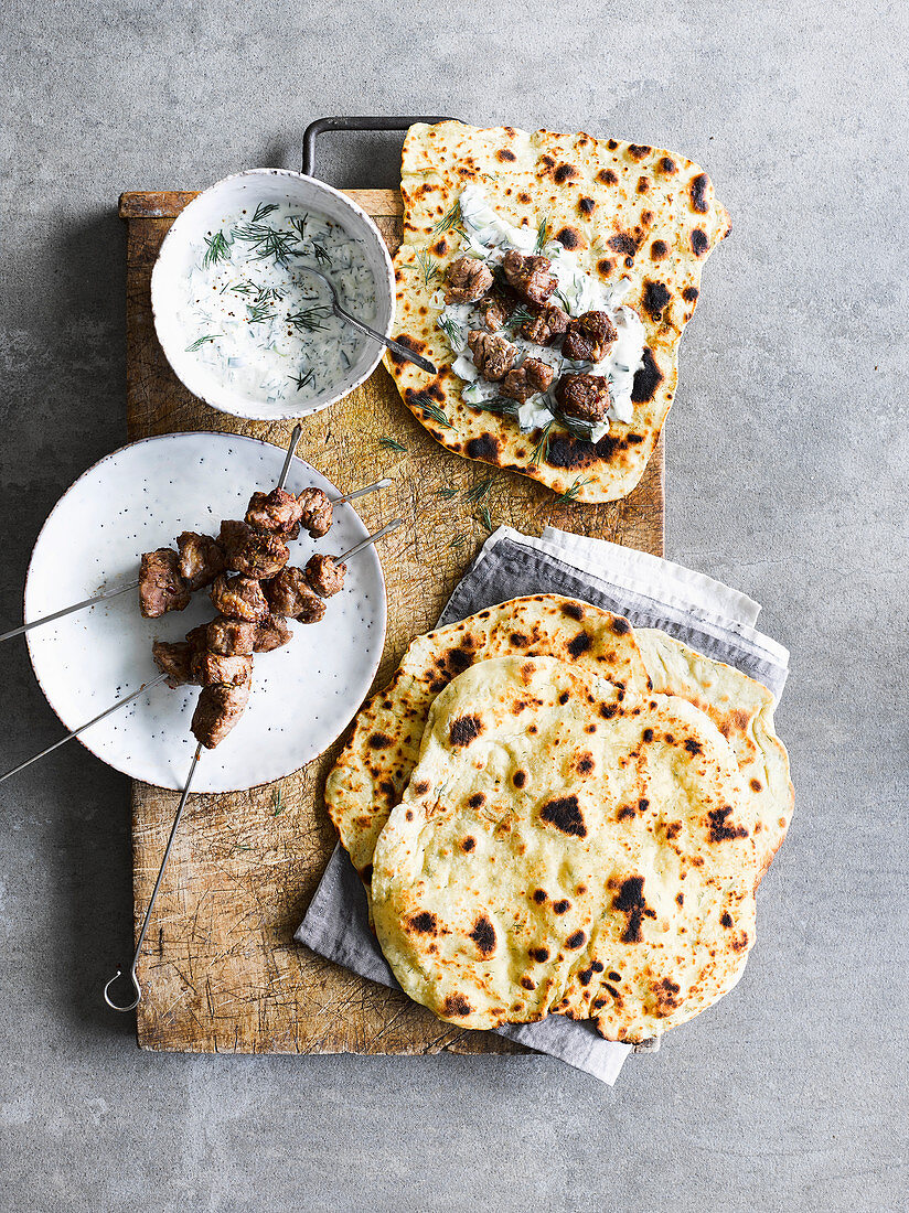 Crusted lamb skewers with dill flatbreads and garlic yogurt