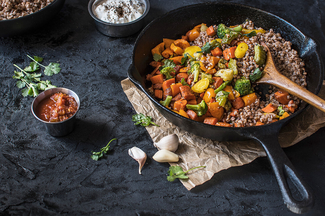 Buckwheat groats served with sauteed vegetables