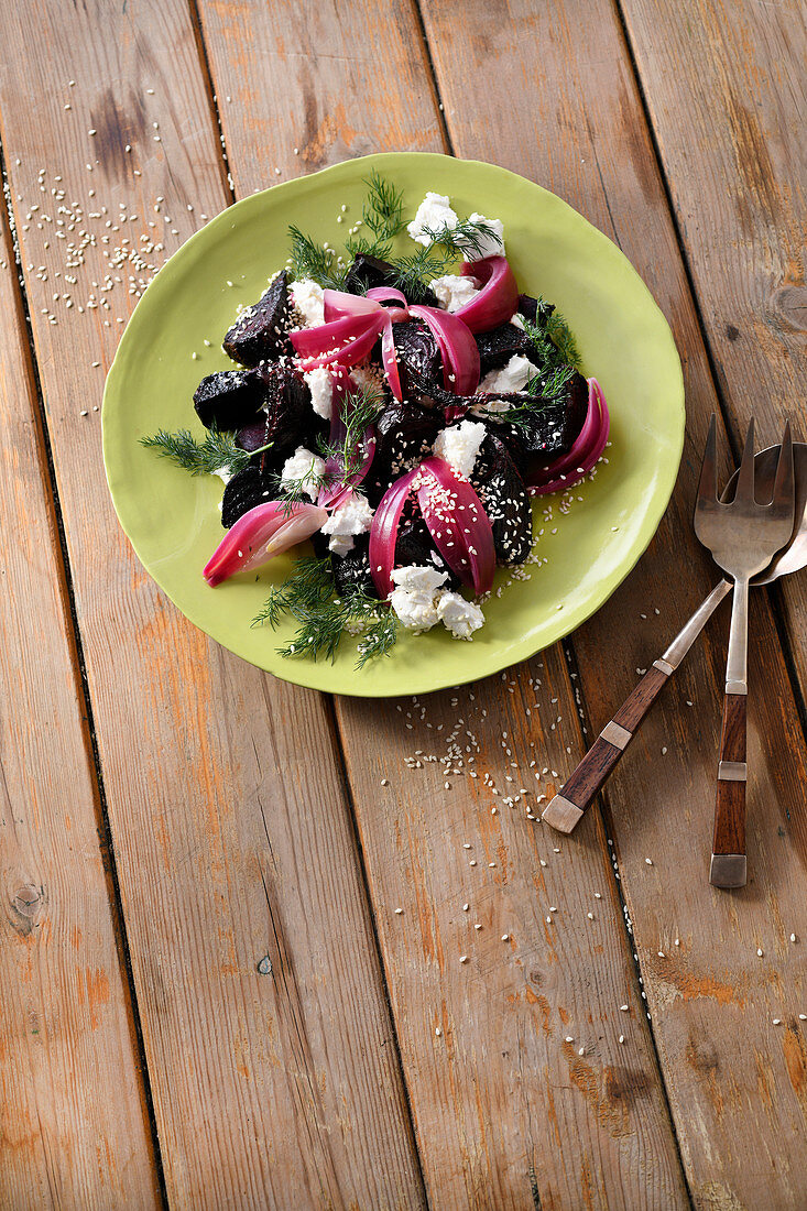 Roasted beetroot, pickled red onion and goat’s cheese salad