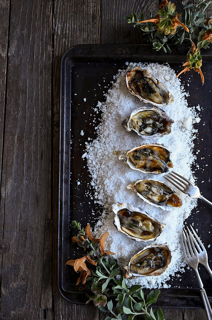 Roasted oysters with sage browned butter