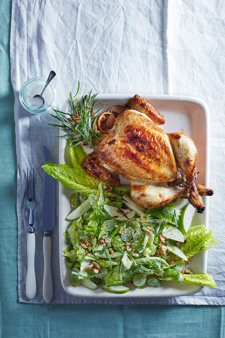 Lemon and honey roasted chicken with Waldorf salad