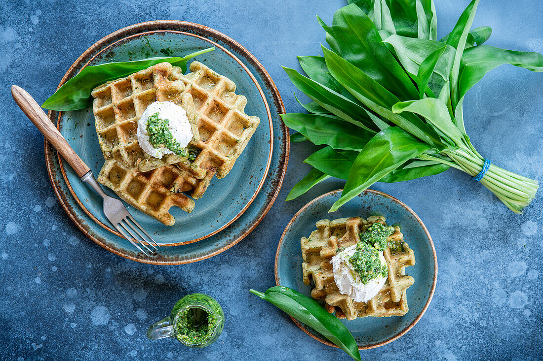 Wild garlic waffles with cream cheese