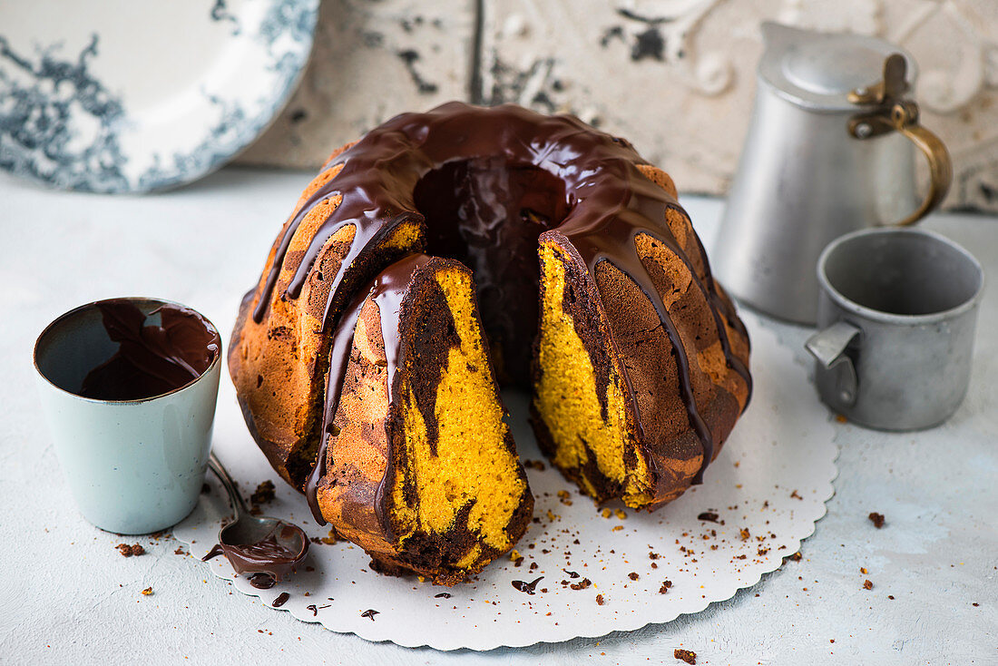 Marble pumpkin cake with chocolate icing