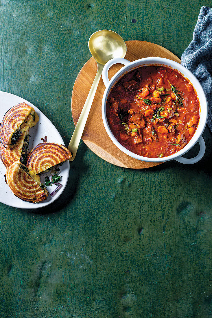 Beefy bean soup with spinach jaffles
