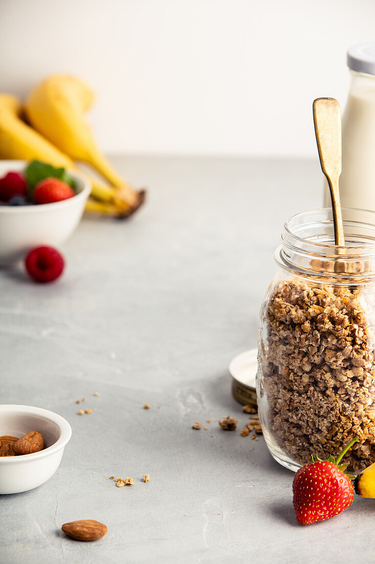 Homemade granola in a glass jar