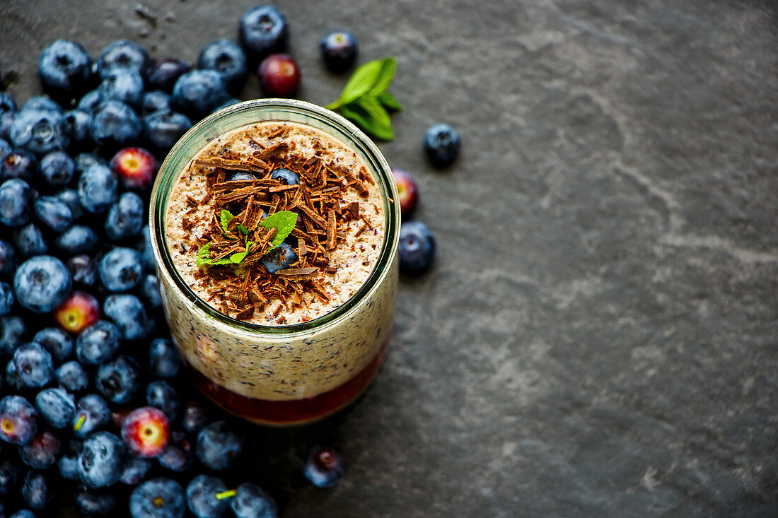 Blueberry chocolate milkshake in jar