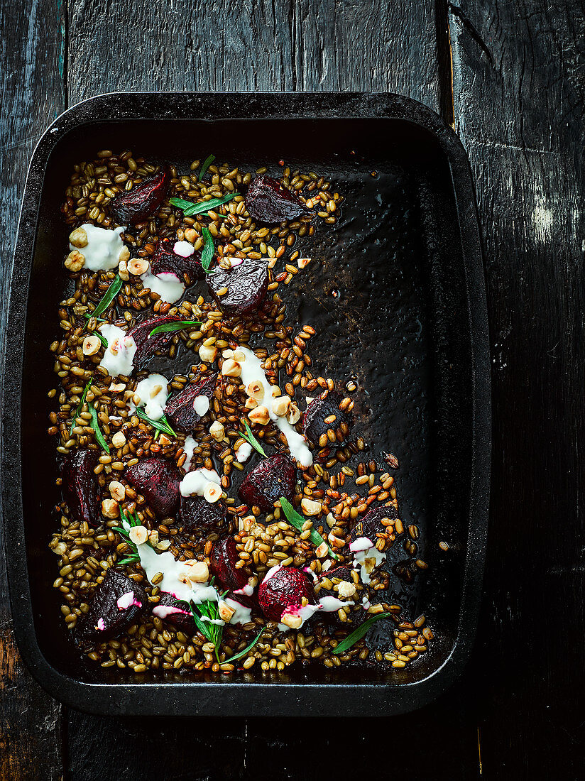 Roasted beets with sherry vinegar and freekeh