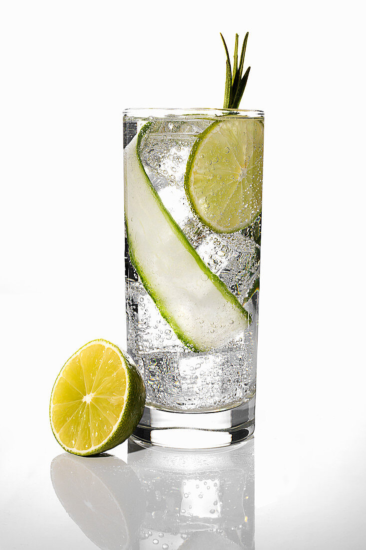 Tasty cocktail in glass with lemon and cucumber