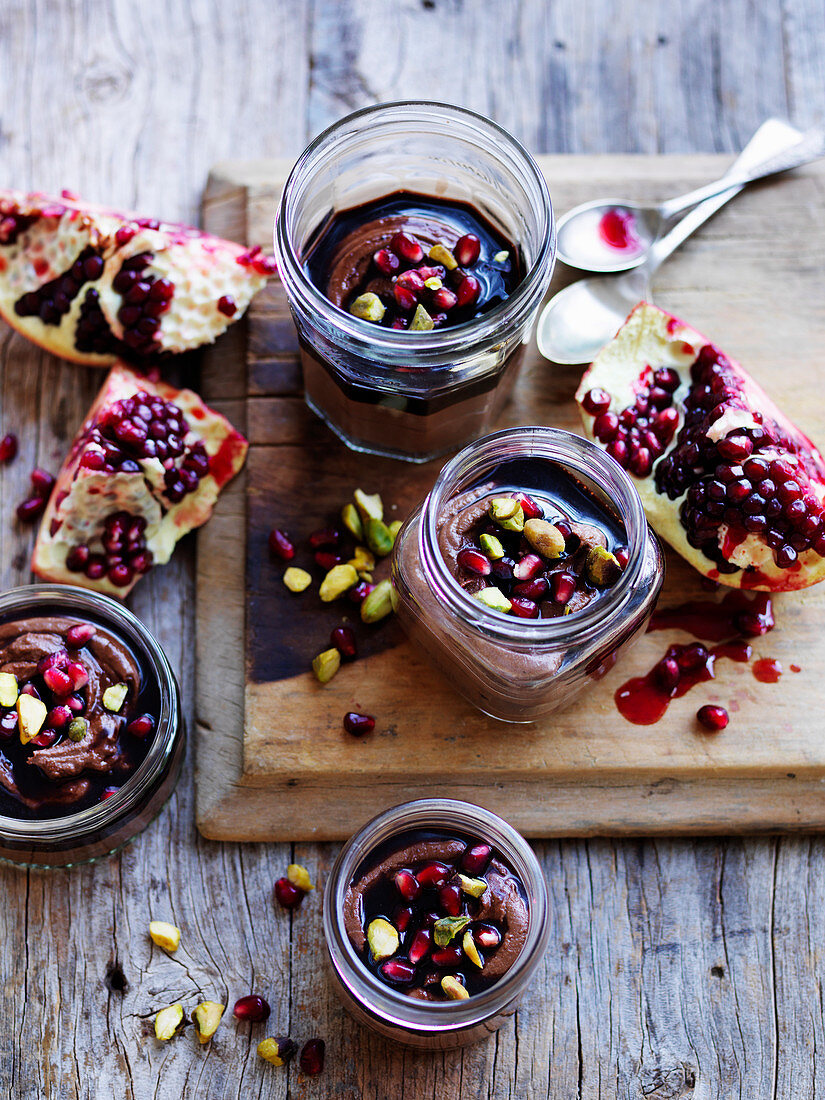 Chocolate cream with pistachios and pomegranate