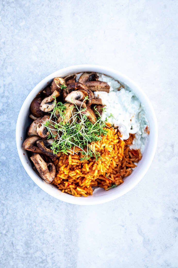 Greek rice bowl with mushrooms and tsatziki