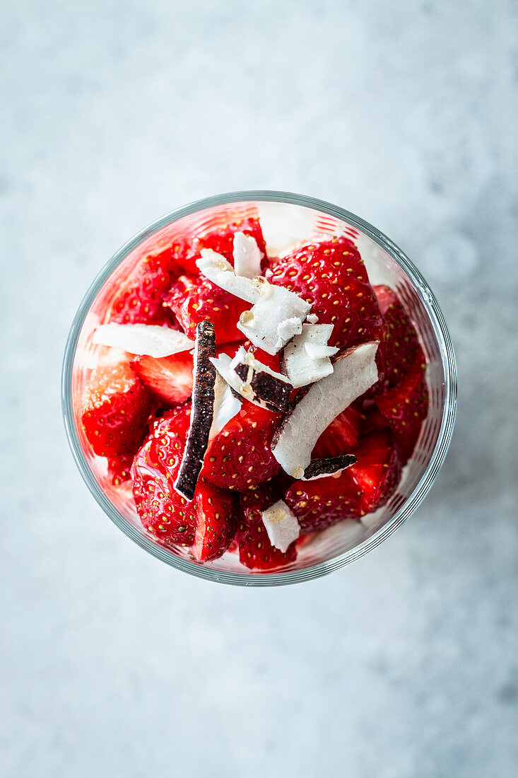 Strawberry quark with coconut in a glass