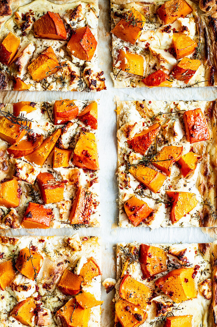 Quick puff pastry pizza with pumpkin, feta cheese and chilli honey