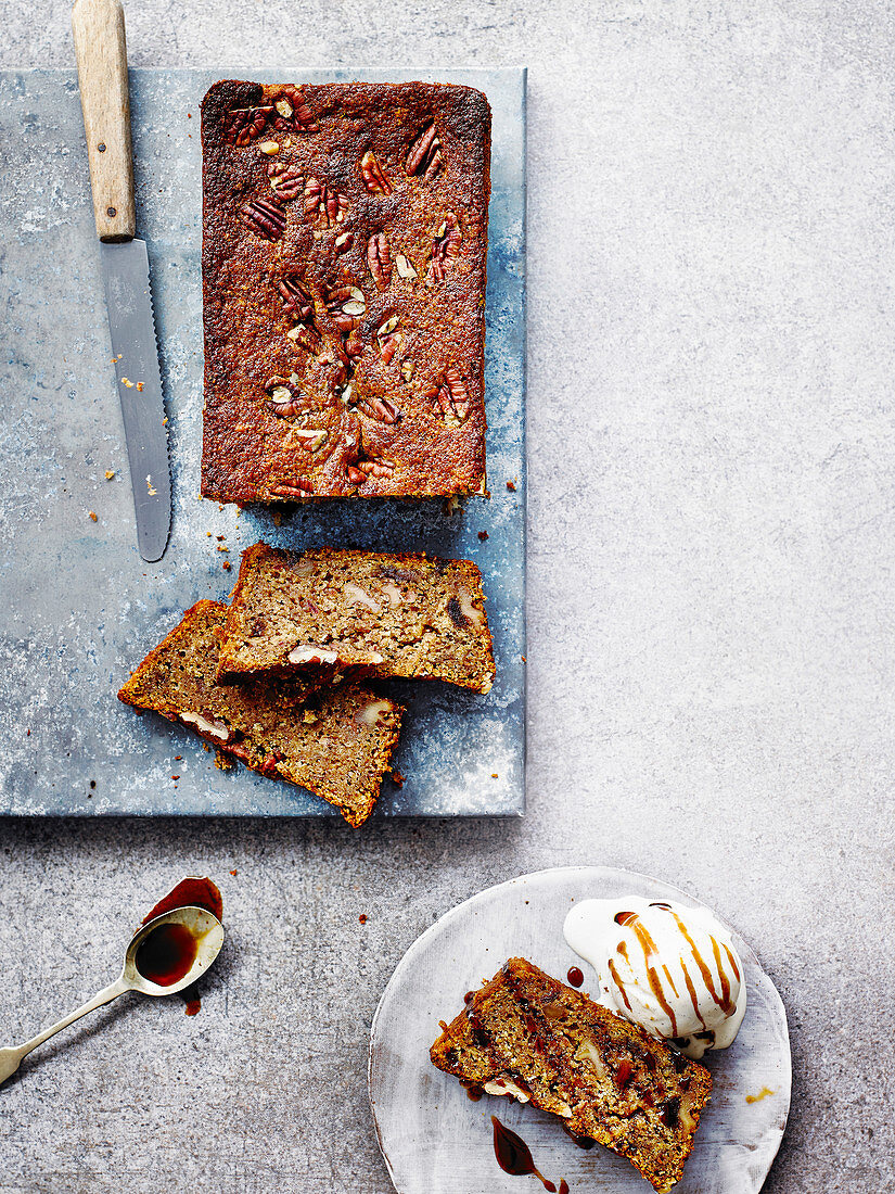 Date and pecan loaf with pomegranate molasses