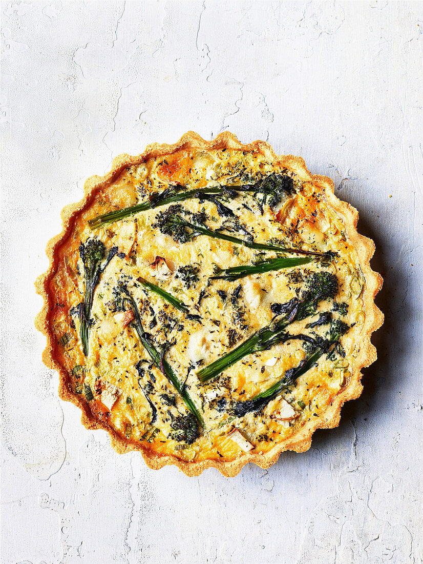 Purple sprouting broccoli, spring onion and goat's cheese tart