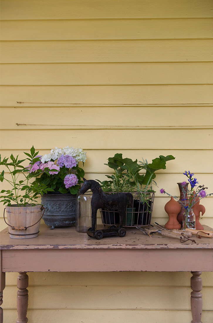 Topfpflanzen und verschiedene Dekoobjekte auf Shabby-Holztisch vor Holzwand am Haus