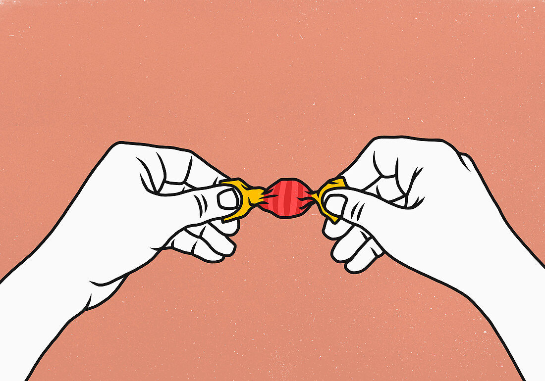 Hands opening wrapped candy (Illustration)