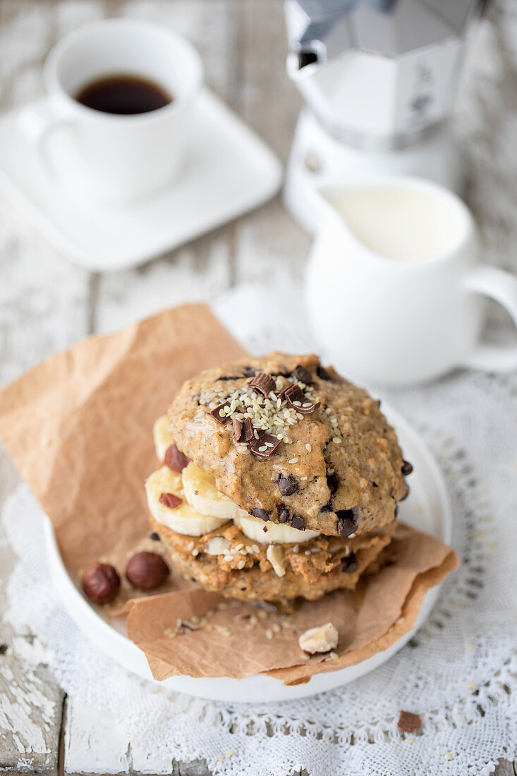 Sweet oatmeal burger with bananas and peanuts