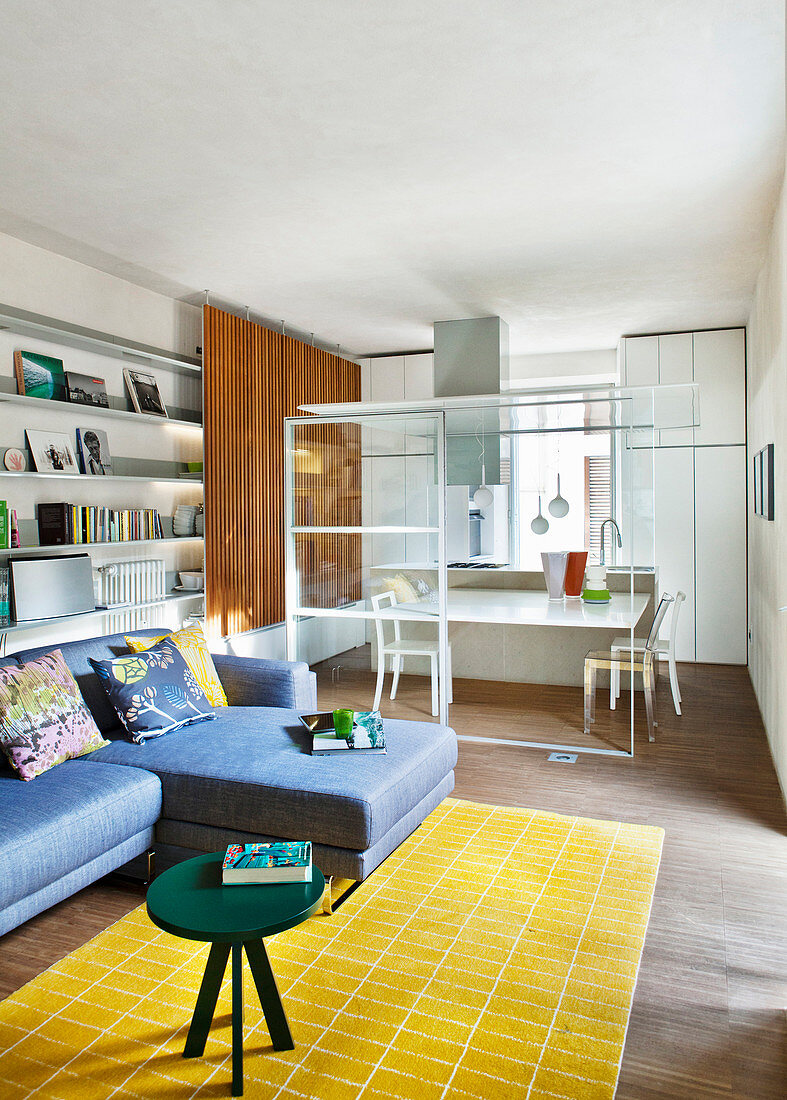 Open-plan interior with half-height glass partition between living and dining areas