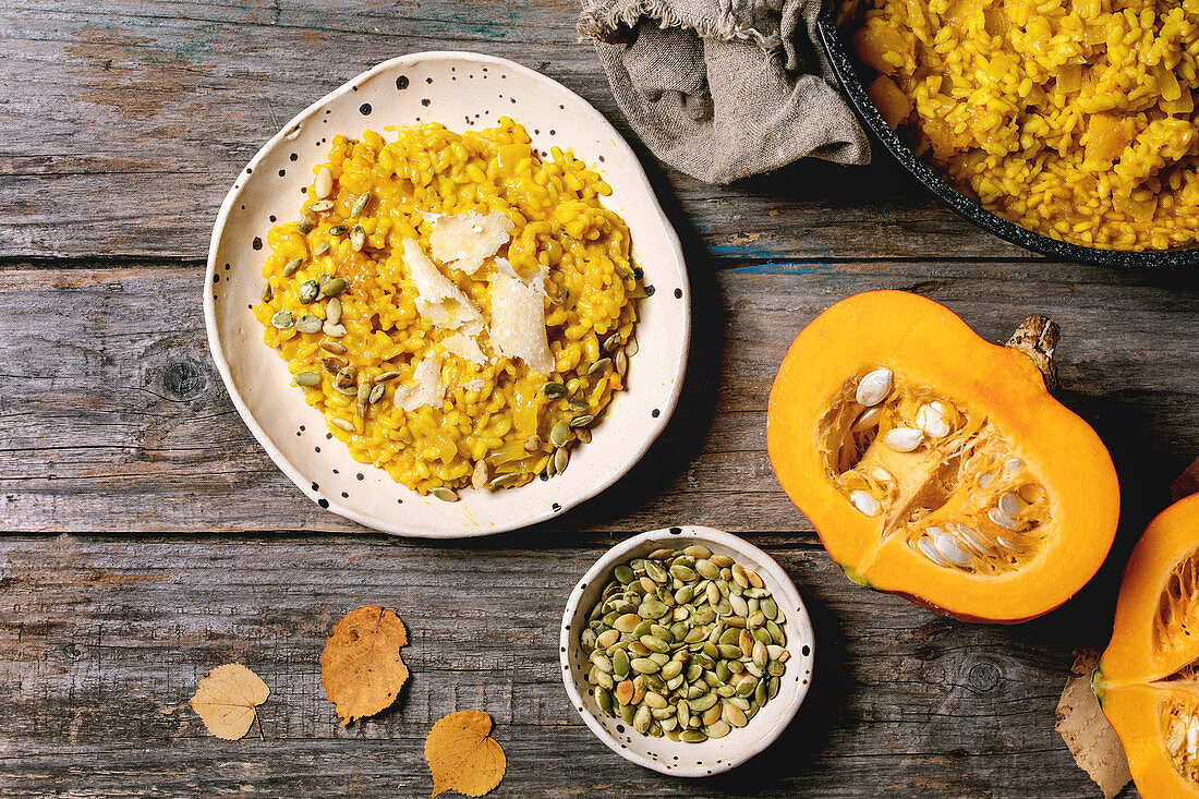 Traditional vegetarian pumpkin risotto italian dish in ceramic plate