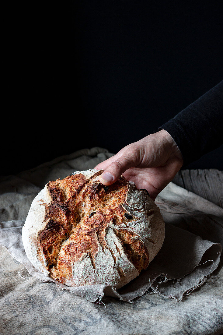 Hand hält Krustenbrot