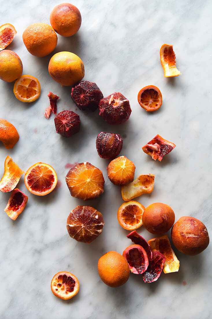 Blood Oranges on a marble work surface
