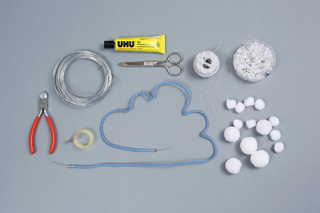 Craft supplies for making snowy-cloud mobile