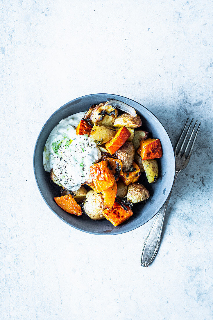 Oven-roasted pumpkin and potatoes