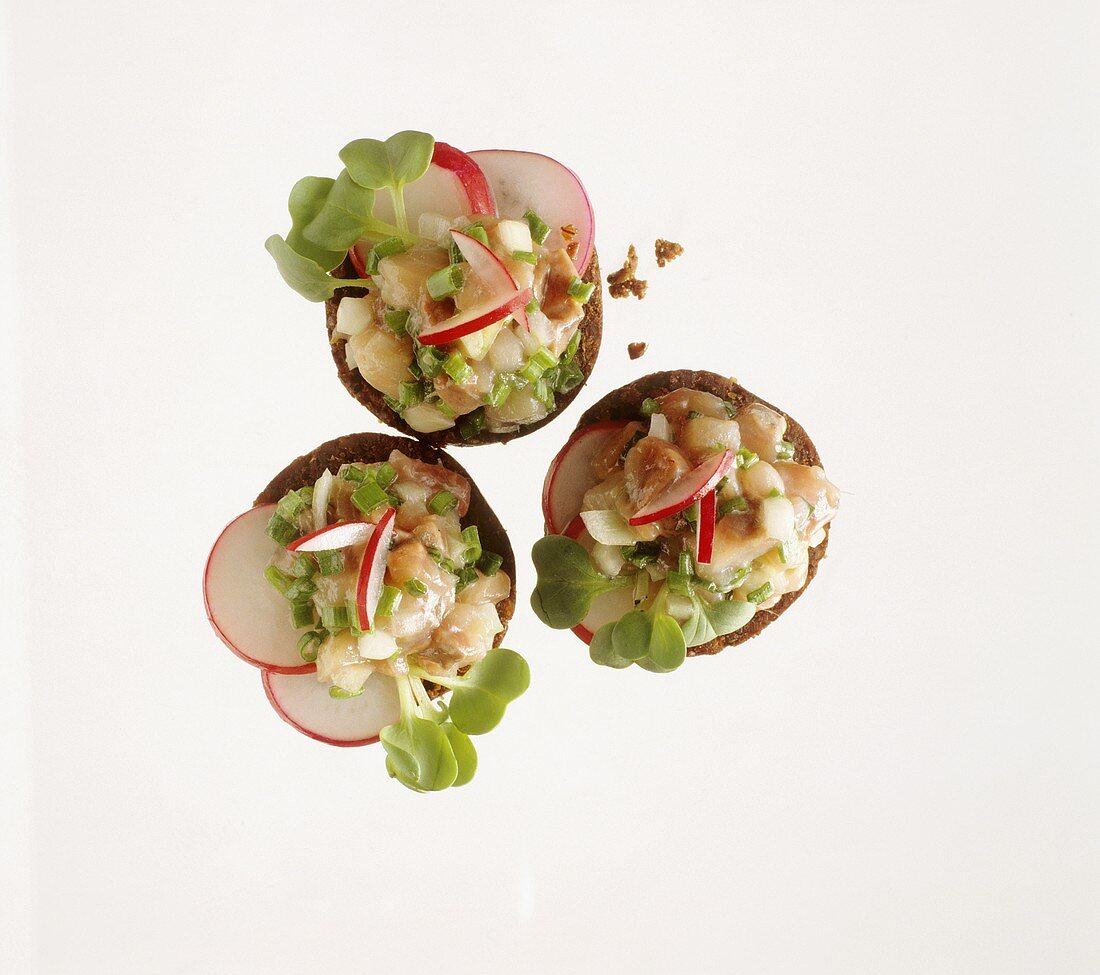 Canapes with matje herring tartare, radish slices & cress