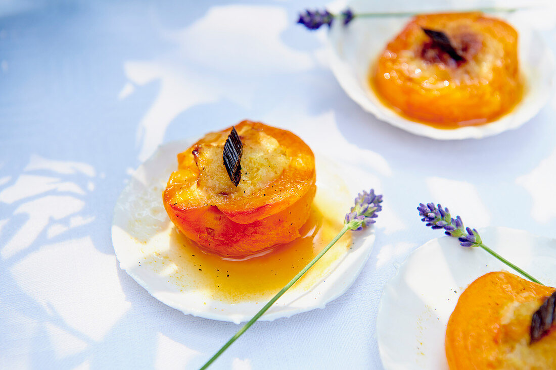 Roasted apricots with lavender flowers