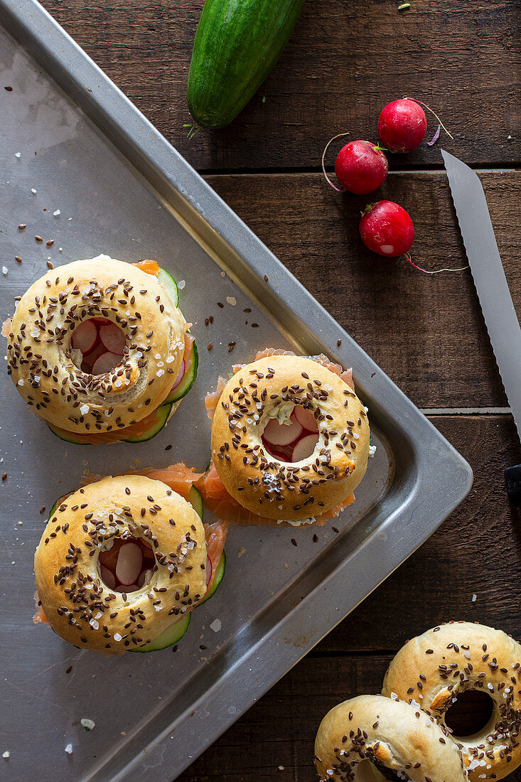 Bagels with salmon and radishes