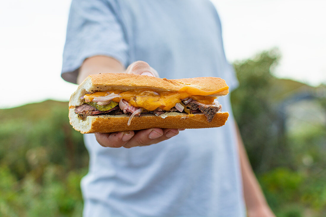 A man holding a steak sandwich with cheese