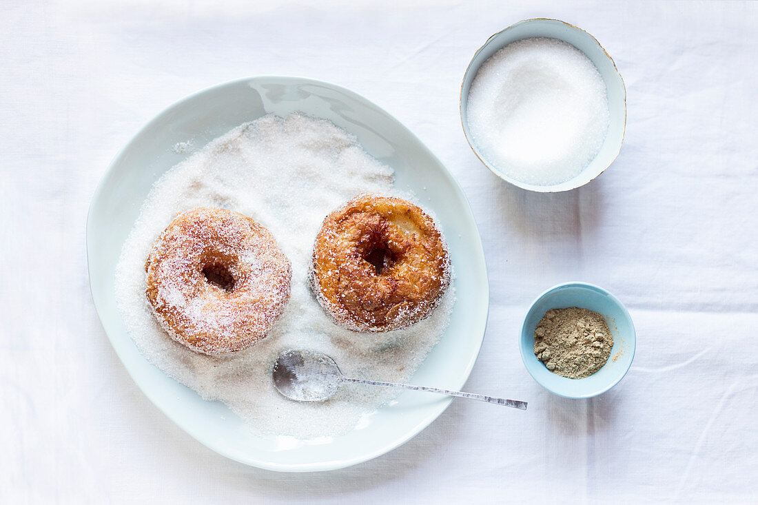 Apple donuts - apple rings wrapped in dough and and rolled in cinnamon sugar