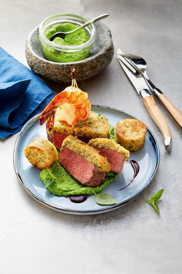 Surf and turf with a Parmesan crust and napkin dumplings