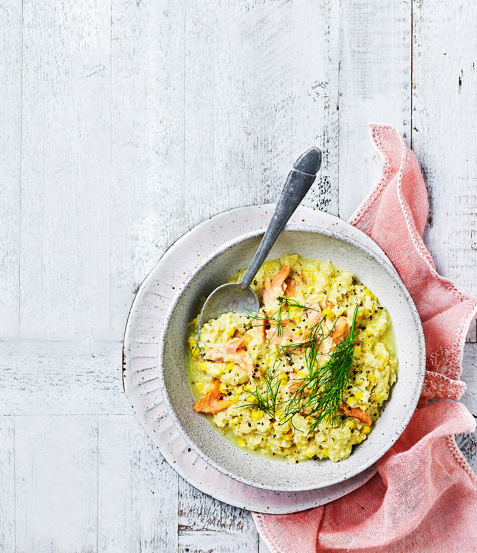 Trout risotto with charred corn