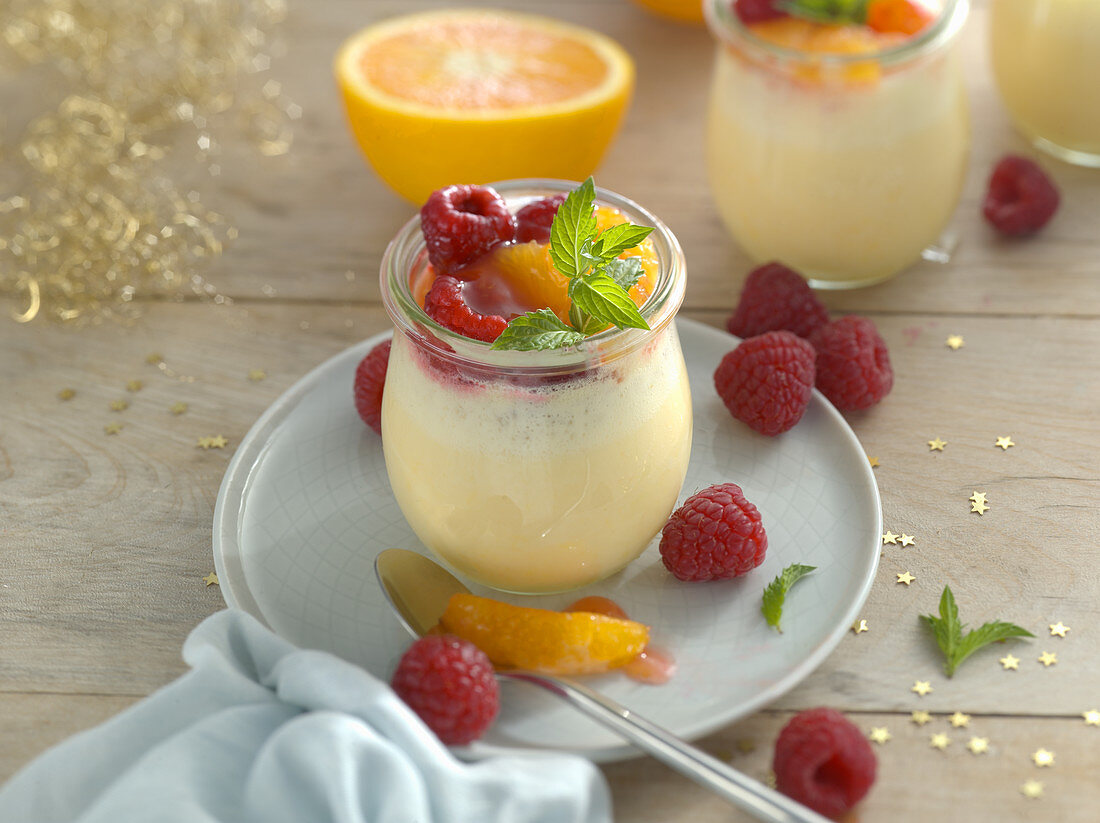 Champagne cream with orange and raspberry compote