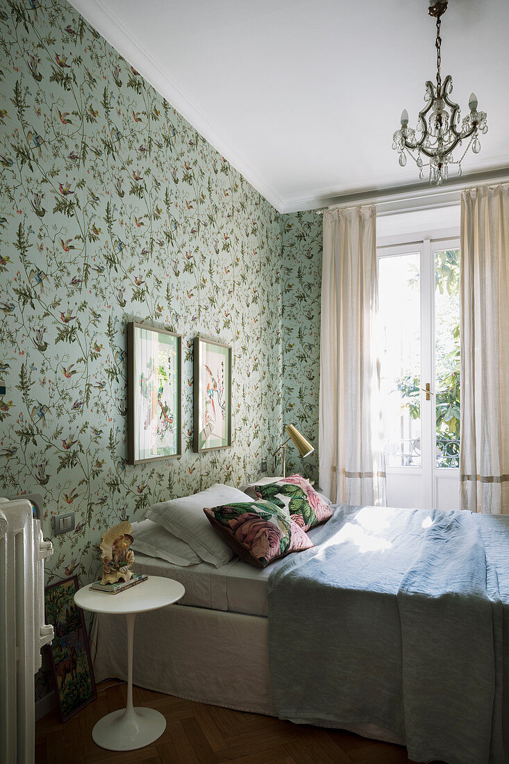 Vintage-style floral wallpaper in classic bedroom