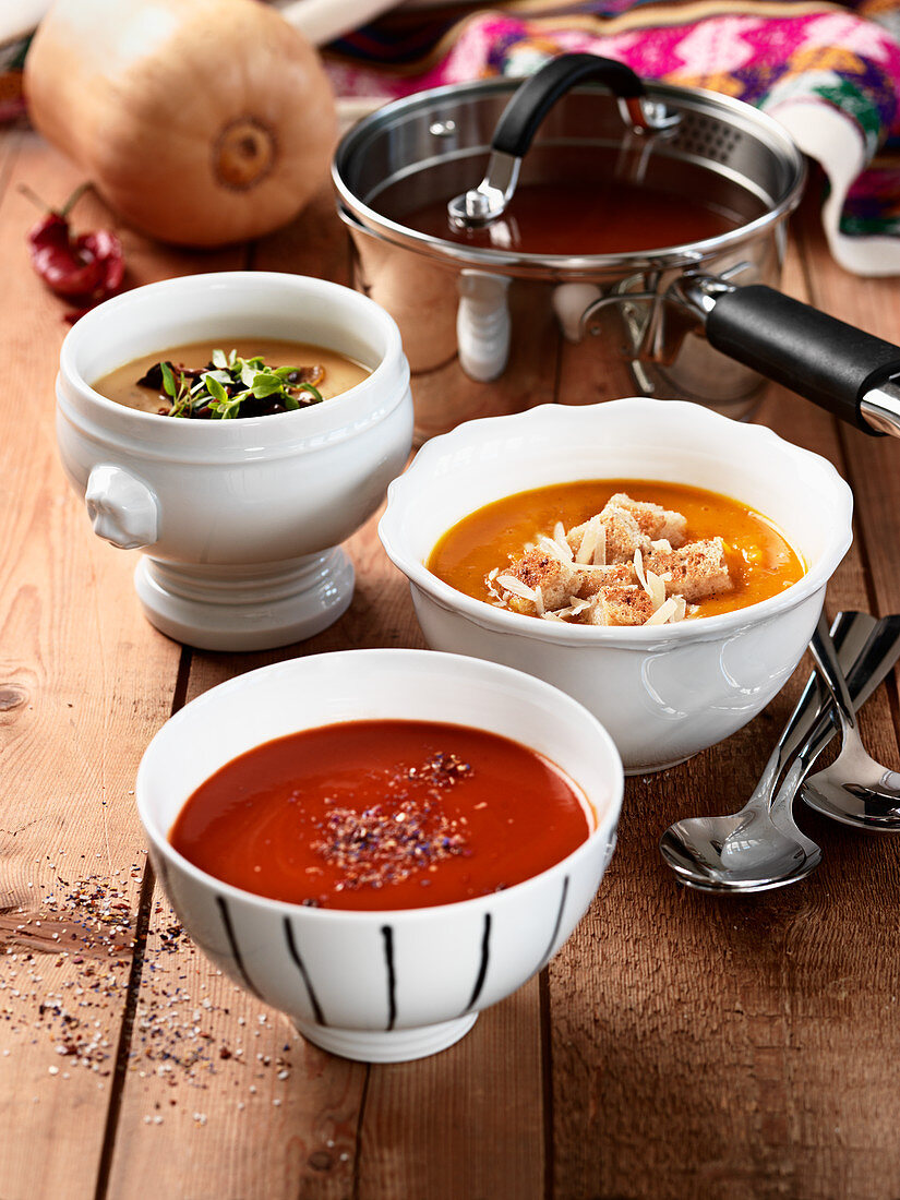 Soups from potatoes, pumpkin and tomatoes