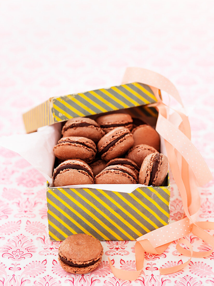 Schokoladen-Macarons in Geschenkbox