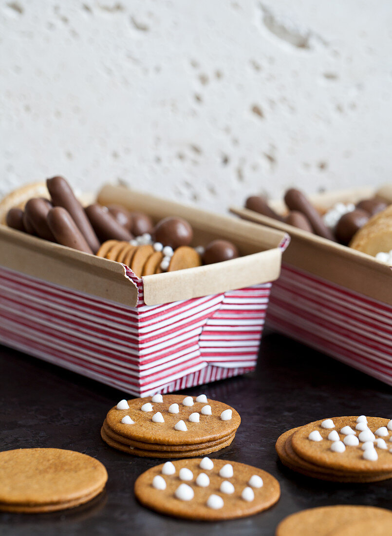 Holiday cookie baskets with gingersnap cookies and various chocolates