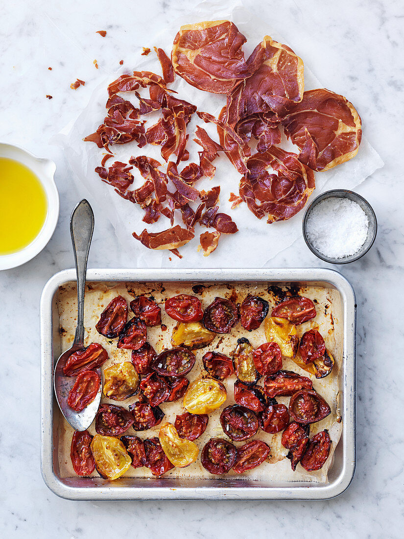 Roasted cherry tomatoes and Serrano ham