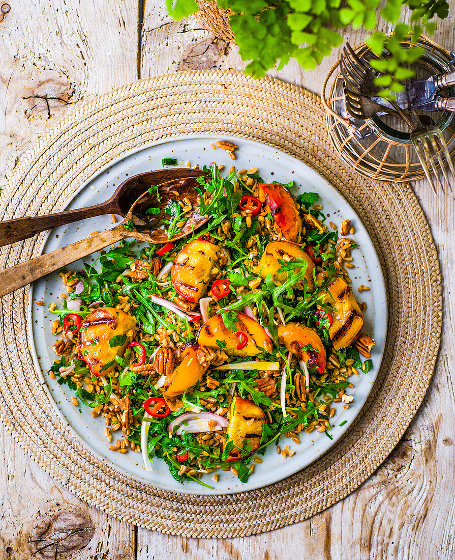 Farro, grilled peach and pecan salad