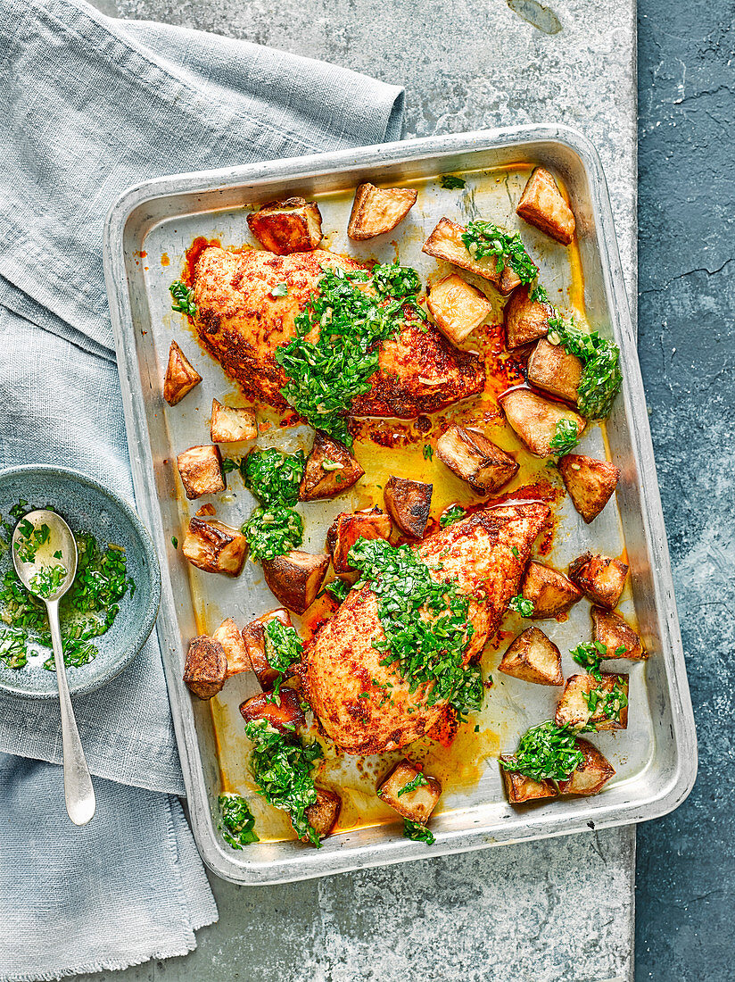 Chicken kiev traybake