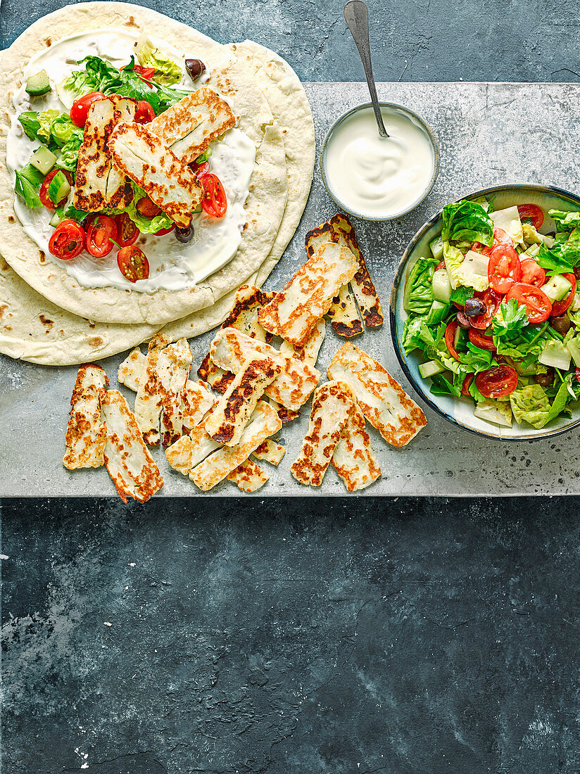 Halloumi and Greek salad wraps