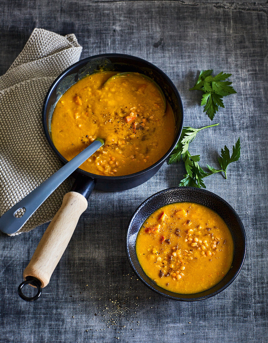 Ayurvedic pumpkin and lentil soup with ginger