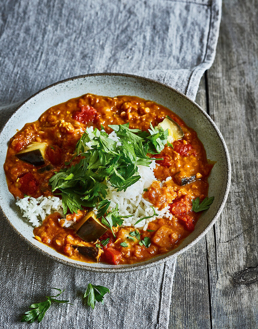 Ayurvedic lentil and tomato stew with eggplant and coconut