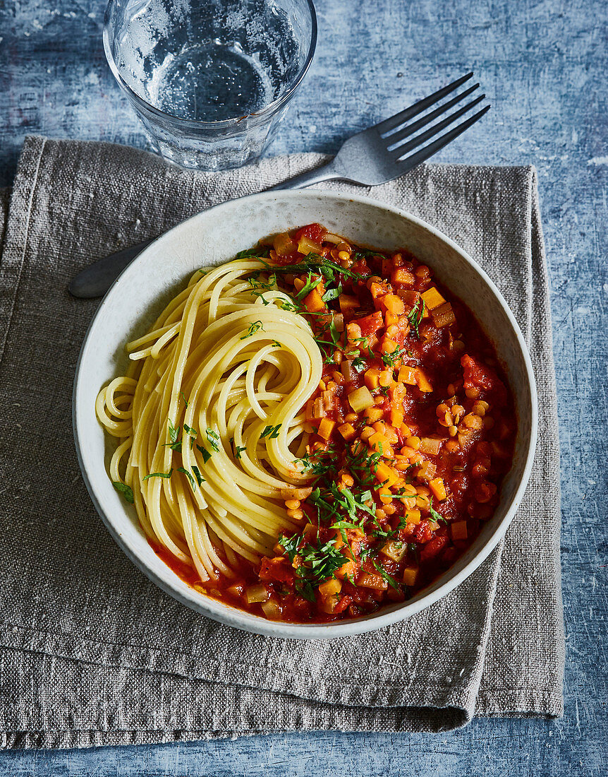Ayurvedic pasta with lentil bolognese