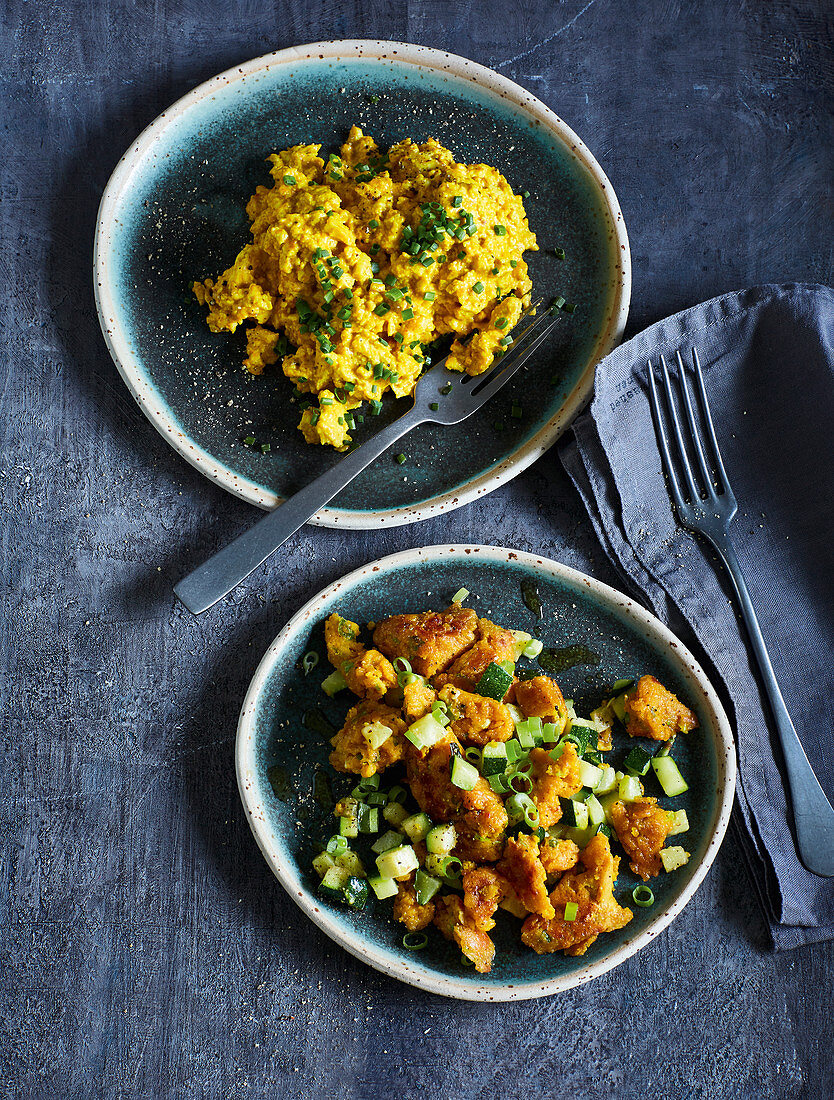 Two types of vegan 'scrambled eggs' made from cashew butter and oat milk