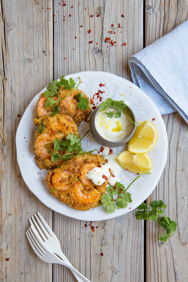 Prawn pancakes with lemon yoghurt