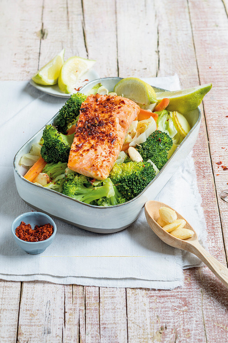 Salmon on a bed of broccoli and cabbage