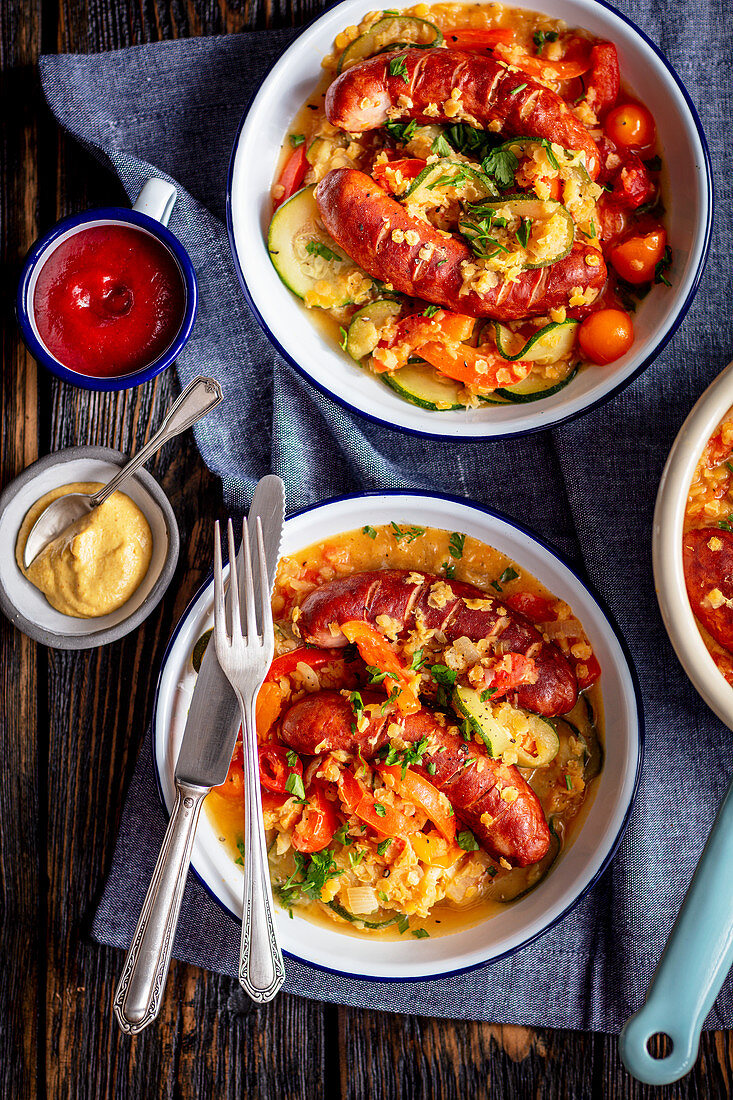 Sausage with lentils and veggies in tomato sauce